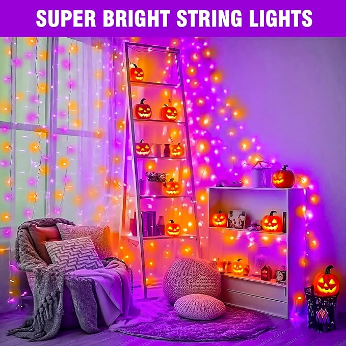 100FT Purple and Orange Halloween String Lights | Clear Wire LED Mini Lights, 8 Modes, Timer, Plug-in Indoor Outdoor Decor for Tree, Porch, Fence, Yard and Fall