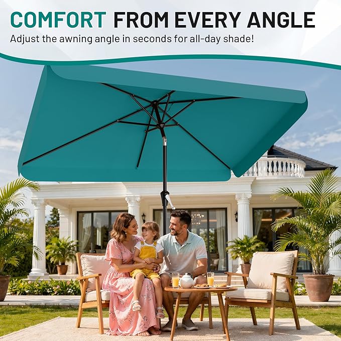 AreShark 6.5 x 10 FT Rectangular Valance Patio Umbrella, Outdoor Umbrella with Tilt and Crank, Market Table Umbrellas W/ 6 Ribs UV Protection for Garden, Deck, Backyard and Pool, Lake Blue