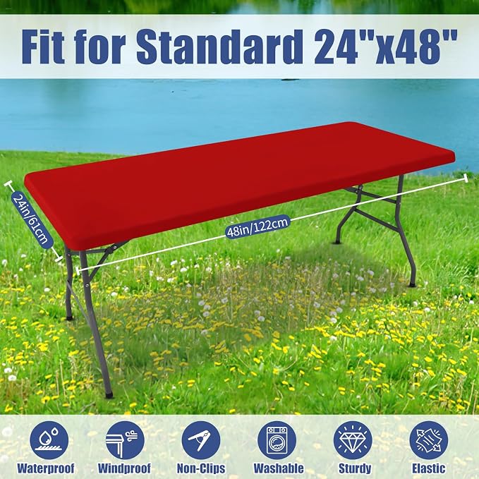 Moosfor Spandex 4 Foot Rectangle Christmas Table Cloth, Elastic Fitted Tablecloths for Picnic, Stretch Washable Patio Table Cover for Outdoor, Camping, Banquet and Parties (Red, 24"x48")