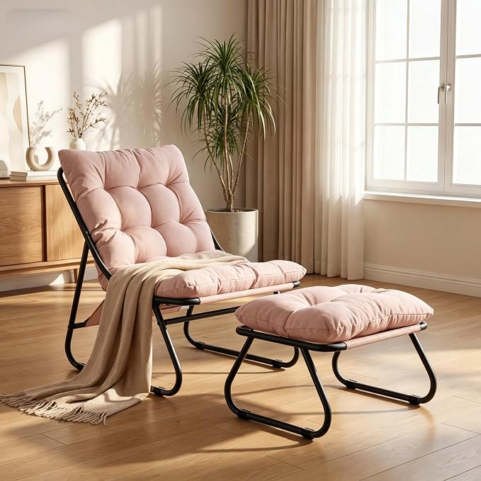 Rocking Chair with Ottoman, Modern Metal Frame Outdoor Rocker, Comfy Patio Lounge Chair with Footrest, Reading Glider Chairs for Living Room, Bedroom, Balcony, Garden, Relax, Pink