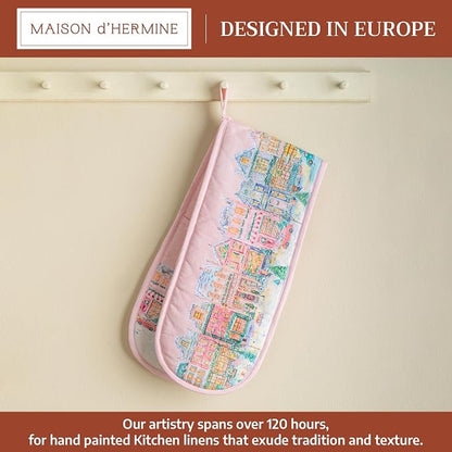 Maison d' Hermine Double Oven Mitts 100% Cotton Double Oven Glove (7"x35") | Heat Resistant BBQ Cooking Gloves with Loop Baking Kitchen Home Farmhouse Thanksgiving Christmas - Christmas Market - Pink
