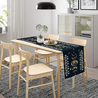 Cotton Linen Table Runner Moonlit Garden Kitchen Full Moon Starry Sky Colorful Boho Floral Flower Rectangle Table Collection Table Setting Decorations for Dinner Wedding Birthday Party 13x70 Inch