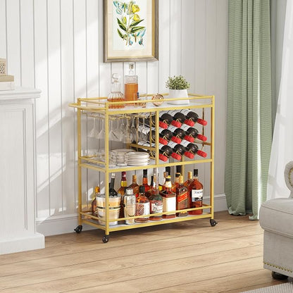 Lifewit 3 Tier Rolling Serving Bar Cart with Lockable Wheels, Gold | 12 wine rack and 3 rows glass holders, liquor serving cart for living room, 31.6 x 13.1 x 33.9 inch rolling beverage stand