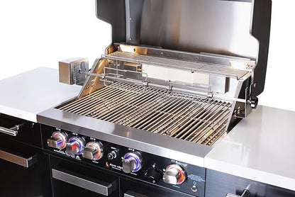 Mont Alpi Premium 70"W Black Stainless Steel Outdoor Kitchen Island with Refrigerator + 32"W 4-Burner BBQ Grill + Universal Flat Top Griddle + Pizza Peel + Cleaning Brush + Spatula + Cutter + Scraper