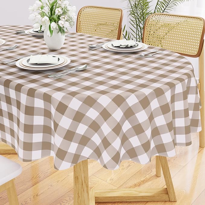 Smiry Oval Table Cloth, Vinyl Tablecloths with Flannel Backing, 60"x84" | Waterproof Picnic Table Cloth, Wipeable Buffalo Plaid Table Cover for Indoor and Outdoor (Khaki & White)