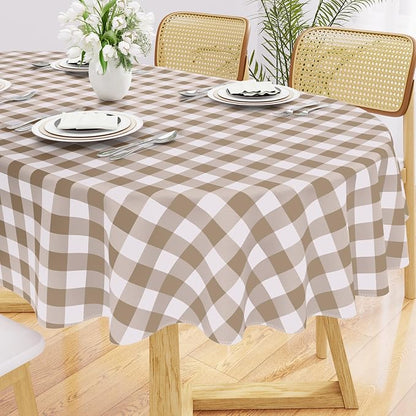 Smiry Oval Table Cloth, Vinyl Tablecloths with Flannel Backing, 60"x84" | Waterproof Picnic Table Cloth, Wipeable Buffalo Plaid Table Cover for Indoor and Outdoor (Khaki & White)