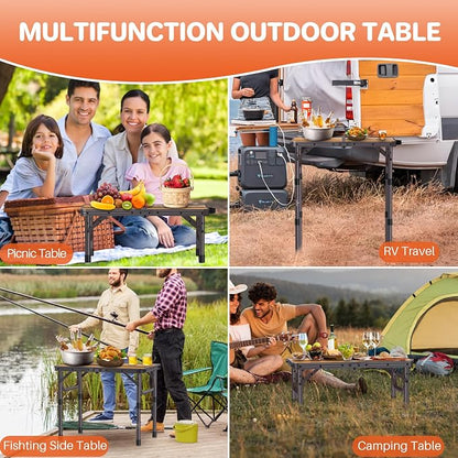 FUNYKICH 2ft Folding Camping Table 22.8''x15.7''x27.5'',3 Height Adjustable | Lightweight Aluminum Outdoor Small Tables with Carry Handle for Car Camping, Backpacking, Picnic, BBQ, Brown
