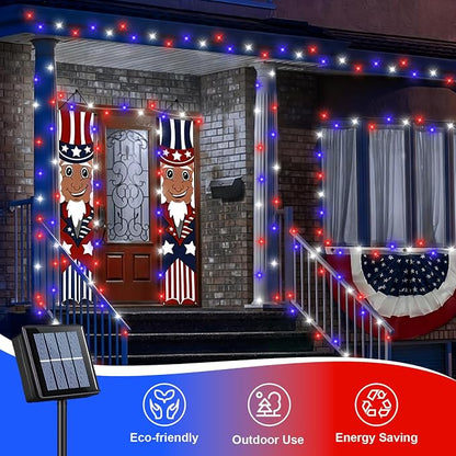 QITONG Red White and Blue Solar String Lights, 2 Pack Each 33ft 100 LED 4th of July Lights Outdoor Waterproof, 8 Modes Green Wire Solar Patriotic Lights for Independence Memorial Day