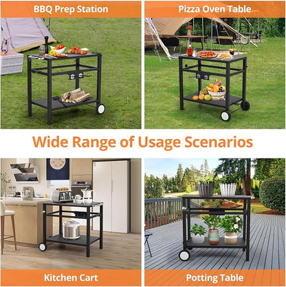 Dining Cart,Outdoor Grill Cart with Double-Shelf,with 4 Hooks, Side Handle,Wheels,Cooking Table for Outdoors, Kitchen or Backyard Patio, Movable BBQ Trolley,Multifunctional and Commercial (Black)