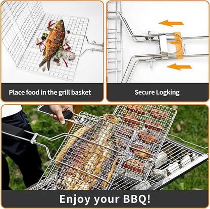 Fish & Vegetable Grill Basket,Portable Stainless Steel BBQ Grill Basket,Folding Outdoor Camping BBQ Rack for Fish, Shrimp, Vegetables, Barbeque Griller Cooking Accessories (Silver)