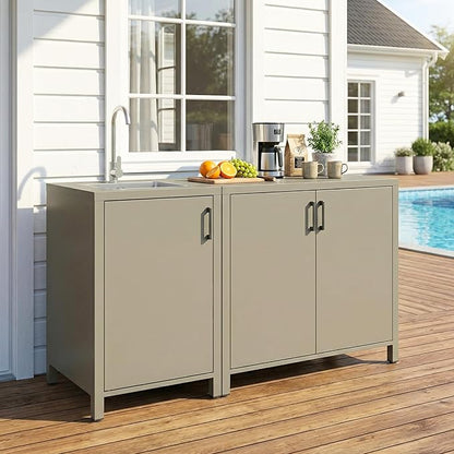 Wisteria Lane Outdoor Storage Cabinet with Stainless Steel Sink, Aluminum Modular Outdoor Kitchen, All Weather Kitchen Island with Double Door Storage, Patio Bar Table for BBQ, Porch, Backyard