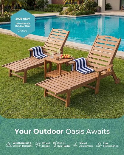 Ciokea Heavy Duty HDPE Chaise Lounge Chairs Outdoor Set of 4, 5-Position Adjustable Patio Sun Loungers with Wheels & Cup Holder, Outdoor Furniture Set for Poolside, Deck, Backyard, Teak