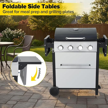 4 Burner Gas Grill with Foldable Shelves, 40,000 BTU Stainless Steel Propane BBQ Grill, 387 Sq. In. Cooking Space, Portable Outdoor Grill for Patio, Backyard, Camping & Tailgating