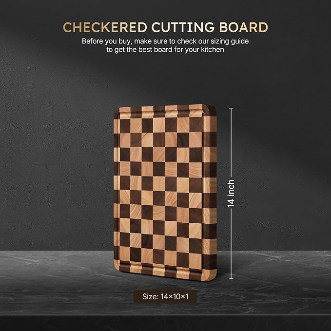 Cutting Boards for Kitchen Checkered Cutting Board 14in Acacia Wood Charcuterie Board Serving Heavy Duty Non Toxic Slip Over Sink Butcher Block Wood Meat Best Kitchen Essential Gift