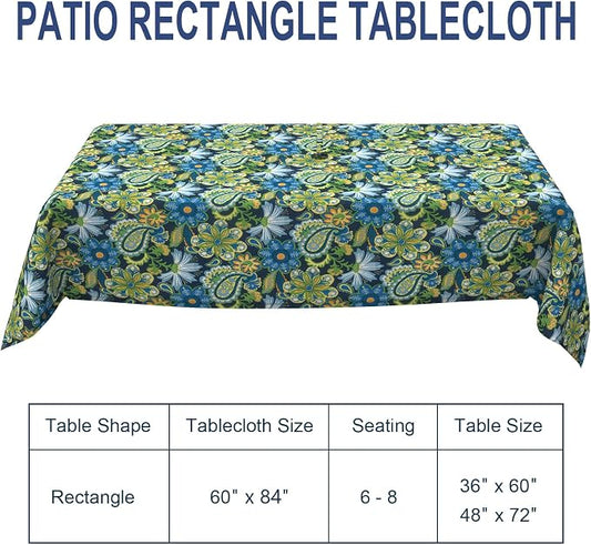 Outdoor Rectangle Tablecloth, 60×84 Inch Water Repellent Picnic Table Cover with Umbrella Hole Zipper for Patio Family Meal, Wonder Garden