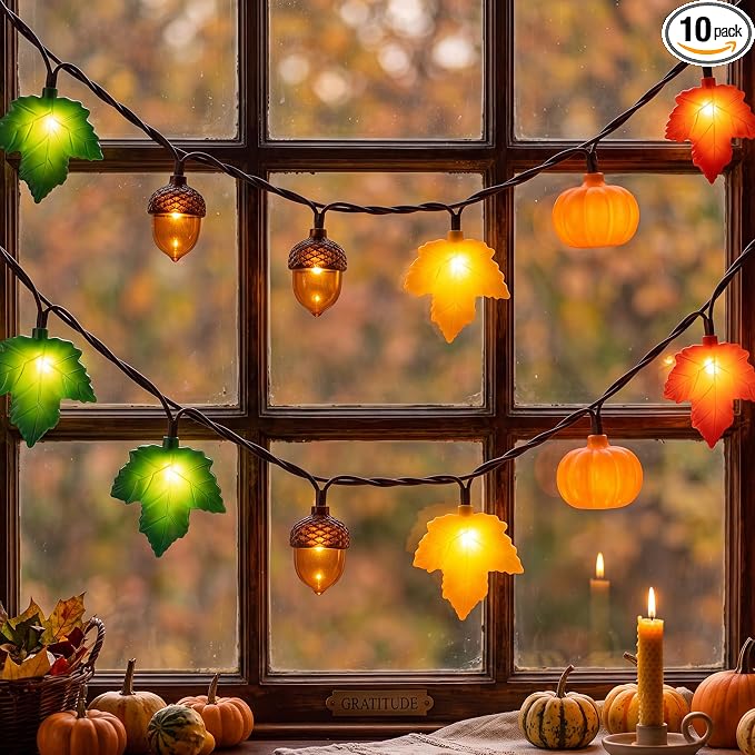 8.5Ft Fall Decor String Lights, 10 LED 3D Pumpkin Acorn Maple Leaf Plug in | End-to-end Connectable, Waterproof & UL Listed Vintage Bedroom Autumn Party Harvest Fall Halloween Thanksgiving Decorations