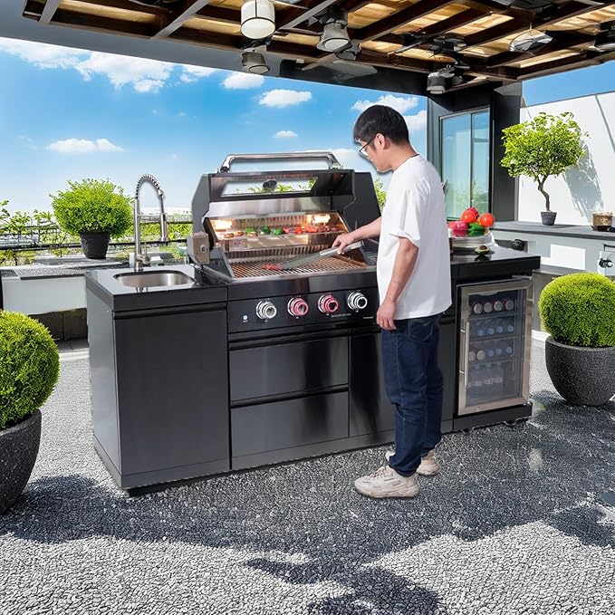4 Burner Outdoor Kitchen Island with Grill and Side Burner, 72000 BTU Deluxe Stainless Steel Modular Outdoor Kitchen, Gas Propane BBQ Island with Refrigerator, Sink, Rotisserie, 85"W, Black