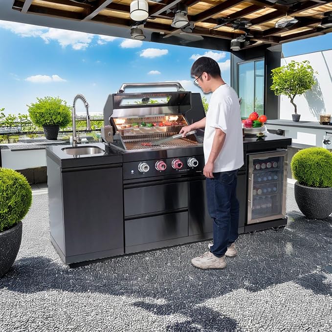 104" Modular Outdoor Kitchen Island With Grill And Side Burner, 4-burner 72,000 Btu Propane Bbq Island, Refrigerator, Separate Sink & Prep Station, For Backyard LP-Black 72000BTU/85 Inch