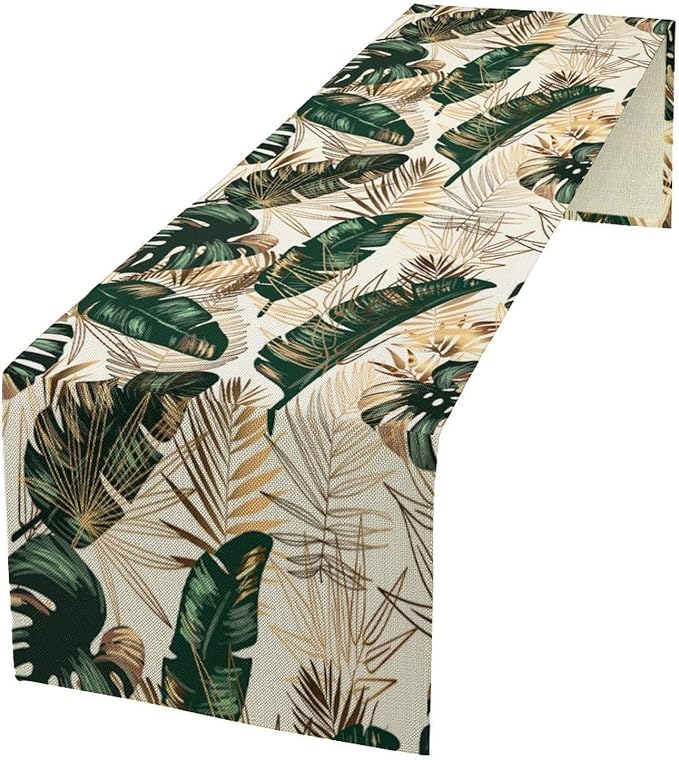 Gold Tropical Leaves Table Runner Jungle Green Plam Leaves Retro Boho Hawaii Botanical Plant Modern Geometric Seasonal Dinner Runner for Farmhouse Kitchen Dining Home Holiday Party 13x70in