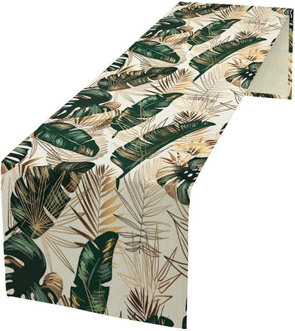 Gold Tropical Leaves Table Runner Jungle Green Plam Leaves Retro Boho Hawaii Botanical Plant Modern Geometric Seasonal Dinner Runner for Farmhouse Kitchen Dining Home Holiday Party 13x36in