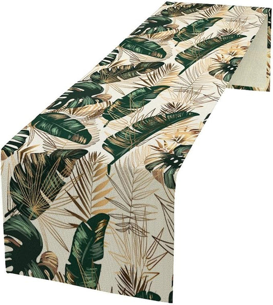 Gold Tropical Leaves Table Runner Jungle Green Plam Leaves Retro Boho Hawaii Botanical Plant Modern Geometric Seasonal Dinner Runner for Farmhouse Kitchen Dining Home Holiday Party 13x36in