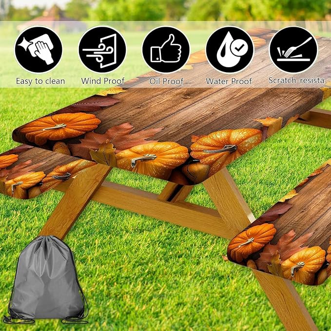 Picnic Table Cover with Bench Covers Elastic Edges, Outdoor Patio Camping Essentials 60 Inch 3PCS, Camper Fitted Table Cover, Waterproof Rectangle Tablecloth with Drawstring Bag,Pumpkin
