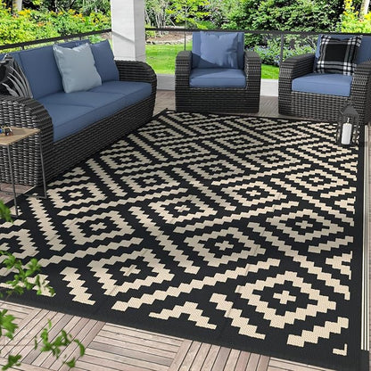 GENIMO Outdoor Rug 4'x6' Waterproof, Reversible Camping Mat, Plastic Straw Rugs for Patio, RV, Camper, Balcony, Backyard, Picnic, Deck (Black & Beige) | Outside Larger Modern Carpet Mat for Porch Decor, Deck, Balcony, Camping, RV, Backyard, Picnic, Bea...