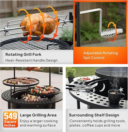 ROVSUN Upgrated 33'' Outdoor Fire Pit with 2 Grills, Grill with Side Shelves, Wood Burning Round Firepit with Swivel Cooking Grate, Removable Swivel Grill for Backyard, Patio, Picnic, BBQ and Parties