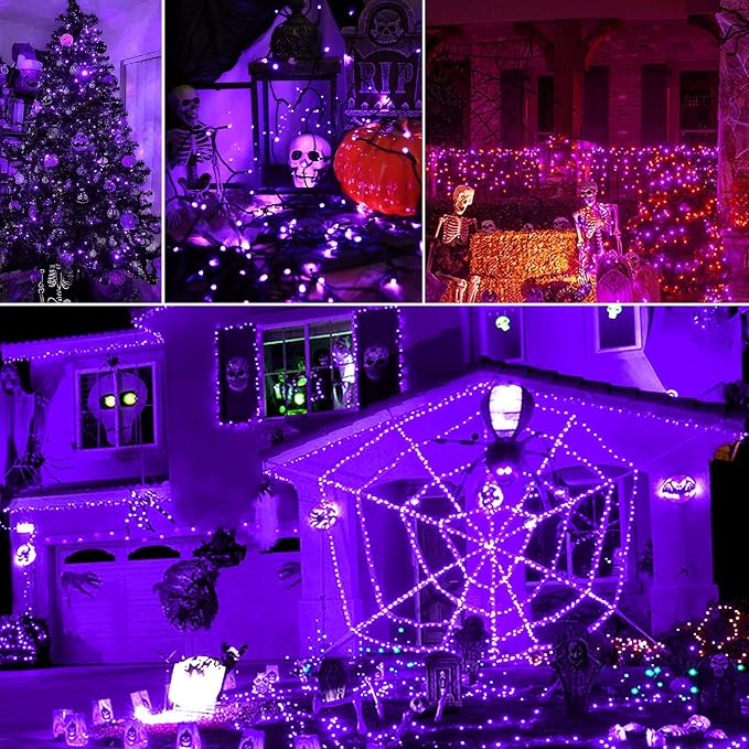 Solar Halloween String Lights, Purple 200Led, Outdoor Waterproof | 2 Pack Total 400Led 144Ft 8 Mode Timer, IP44 Outside Fairy Lights for Tree, Garden, Patio, Lawn, Yard Decorations