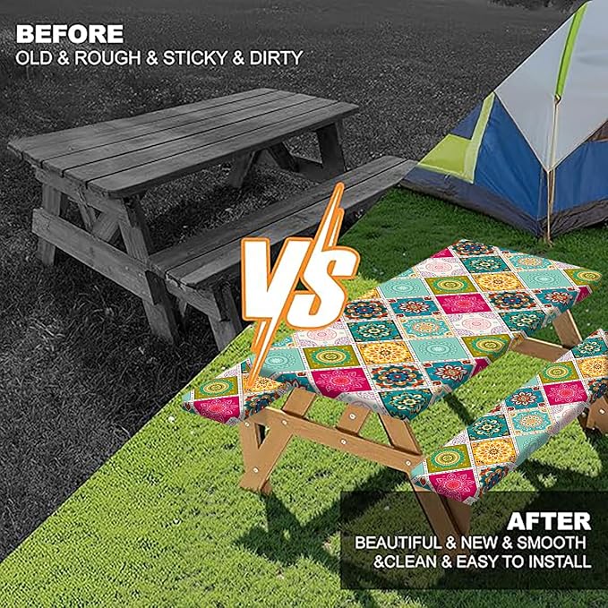 Boho Picnic Table Cover with Bench Covers and Bag, Camping Essentials, Bohemian Mandala Waterproof Washable Fitted Camping Tablecloths with Elastic Edges for Outdoor & Garden, 3 Pcs Set 30x60 Inch
