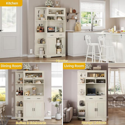 DWVO 67" Farmhouse Baker Rack with Power Outlets & Microwave Stand, White | Buffet Sideboard Cupboard Hutch with Drawer for Kitchen, Living Room, and Dining Room