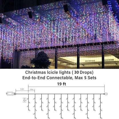 Joomer 19FT Christmas Icicle Lights Outdoor Connectable Multicolor | 30 Drops 8 Modes Timer Waterproof Plug-in String Light for Christmas Party, holiday Eaves Roof yard Xmas Decorations