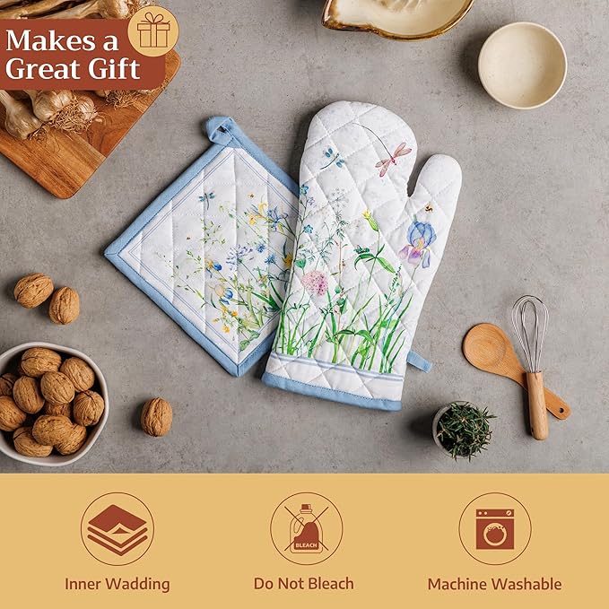 Maison d'Hermine Oven Gloves 100% Cotton Oven Mitt 7" x 13" with Loop Heat Resistant BBQ Cooking Gloves Baking Grilling Kitchen Hotel Home Farmhouse Spring Summer (Pack of 1, Fleurs De Mai)