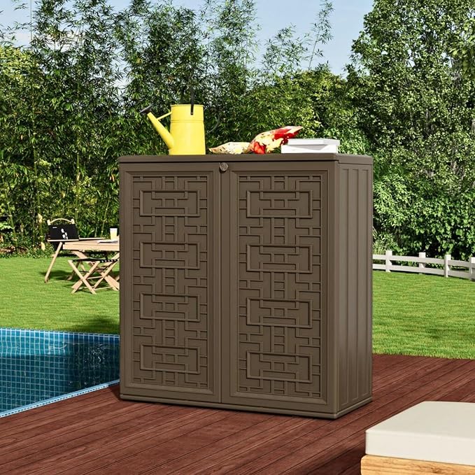ZZM HDPE Outdoor Storage Shed, Outdoor Plastic Storage Cabinet, Horizontal Resin Tool Shed for Garden, All Weather Outdoor Storage Clearance, DIY Usage, with one Shelf (Coffee)
