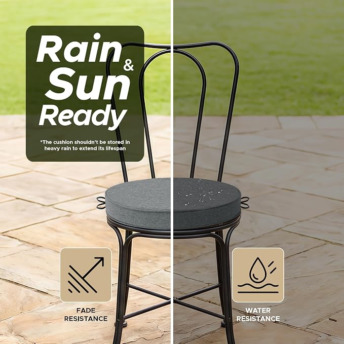 Outdoor Round Chair Cushions 15 Inch, Set of 4, Light Grey | Fade-Resistant, Water-Resistant, Bistro Chair Seat Pads for Porch Garden Balcony Patio Furniture Stools, Non-Slip Bottom