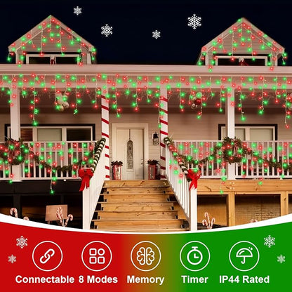 QITONG Red and Green Icicle Lights for Outside, 66ft 800 LED Icicle Christmas Lights Indoor with 8 Modes, Clear Wire Connectable String Lights Plug in