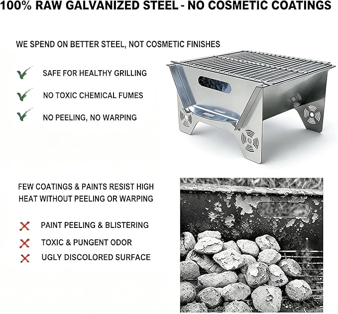 Portable Charcoal Grill for Camping, 2-in-1 Fire Pit with 304 Stainless Steel Grate, Paint-Free Galvanized Steel, Easy Assembly & Storage Bag for Backyard BBQ Picnic