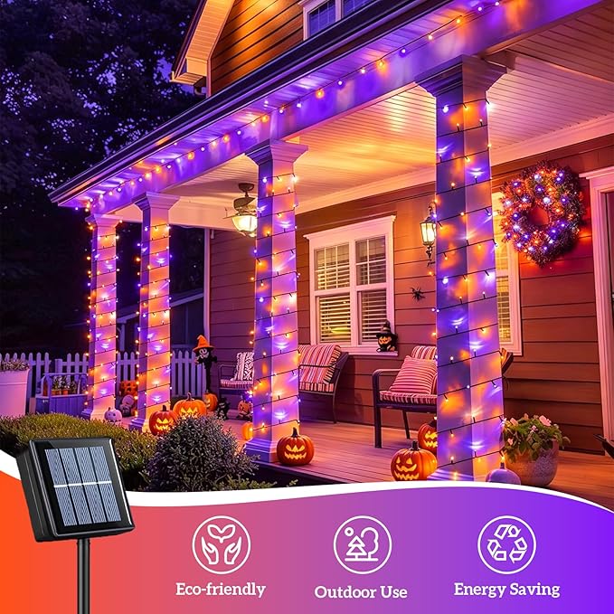QITONG Orange and Purple Solar String Lights, 2 Pack Each 66ft 200 LED Halloween String Lights Outdoor Waterproof, 8 Modes Christmas Solar Light