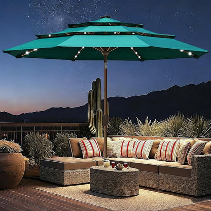 EliteShade USA 10-Year-Non-Fading 10ft 3-Tier Market Patio Umbrella, Commercial Table Umbrella with 80 Solar LED Lights, Crank Open, Windproof & UPF 50+ UV Protection for Garden, Deck, Pool, Backyard, Teal