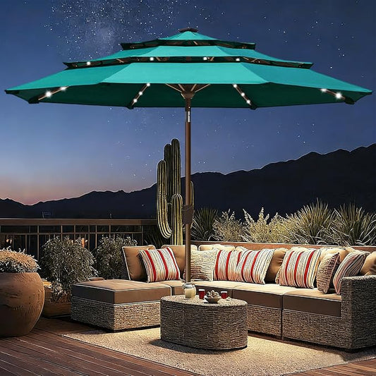 EliteShade USA 10-Year-Non-Fading 10ft 3-Tier Market Patio Umbrella, Commercial Table Umbrella with 80 Solar LED Lights, Crank Open, Windproof & UPF 50+ UV Protection for Garden, Deck, Pool, Backyard, Teal