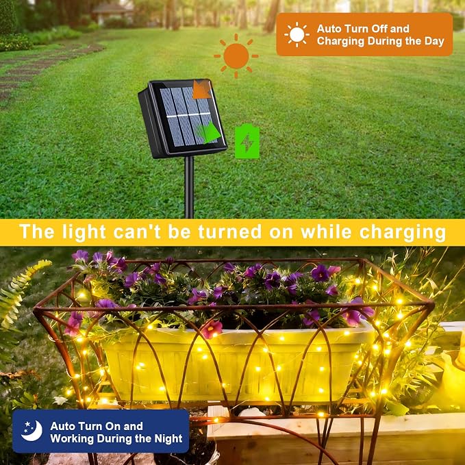 QITONG Warm White Solar Fairy Lights, 2 Pack Each 66ft 200 LED String Lights Outdoor, Silver Wire Solar Christmas Mini Lights