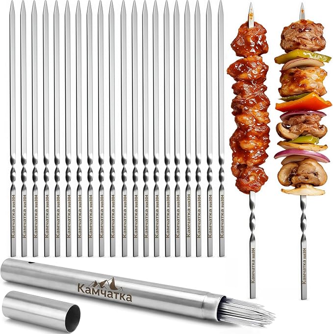 25 Pack Flat Non-Slip Stainless Steel Skewers | 13.5 Inch Length, Anti-roll Food Locking Design, Bend Resistant Thick Steel with Storage Tube for Grilling Kabobs