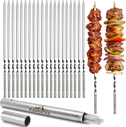 25 Pack Flat Non-Slip Stainless Steel Skewers | 13.5 Inch Length, Anti-roll Food Locking Design, Bend Resistant Thick Steel with Storage Tube for Grilling Kabobs