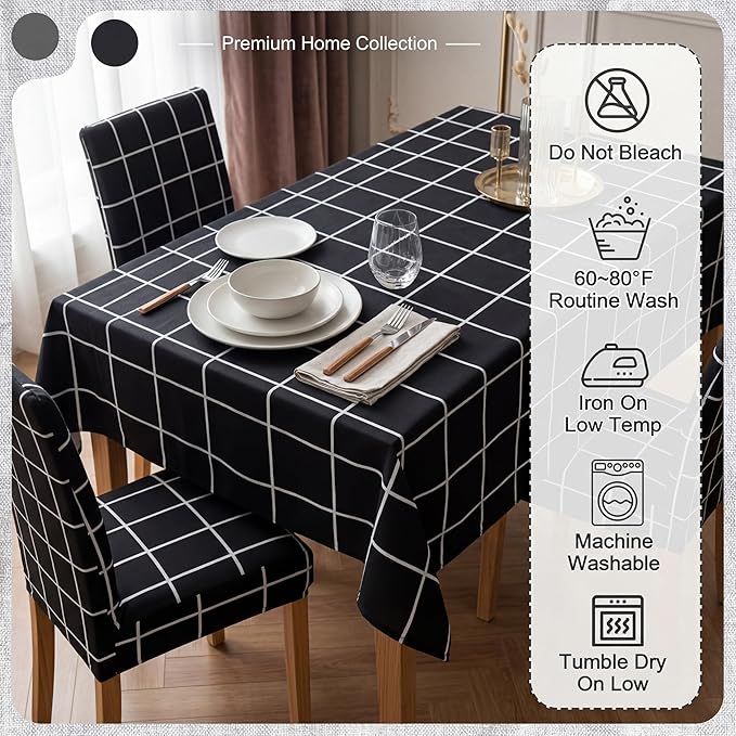 7 Pcs Black Grid Tablecloth and Chair Covers Set 60 x 84 Inch Waterproof Stain Resistant Rectangular Table Cover with Stretchable Removable Chair Slipcovers for Dining Room Patio Summer Party