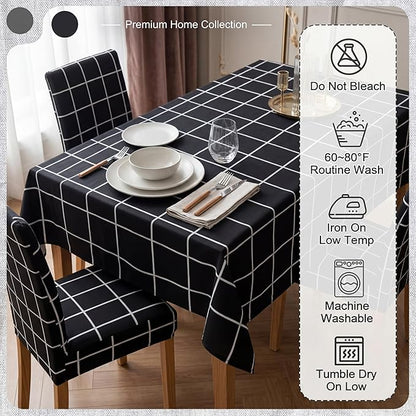 7 Pcs Black Grid Tablecloth and Chair Covers Set 60 x 84 Inch Waterproof Stain Resistant Rectangular Table Cover with Stretchable Removable Chair Slipcovers for Dining Room Patio Summer Party