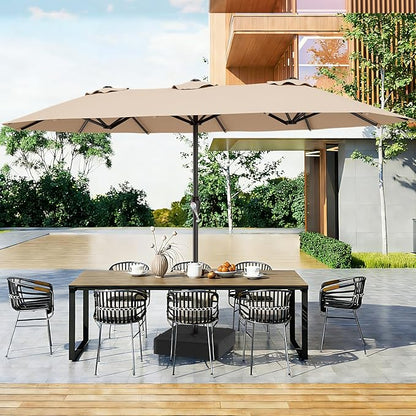 AreShark 15FT Outdoor Patio Umbrella with Crank, Large Rectangular Market Umbrella, Double-Sided Outdoor Umbrellas with Cross Base & Sandbag for Porch, Lawn, Pool, Backyard, Beige