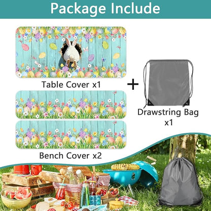 Easter Picnic Table Cover with Bench Covers, Cute Bunny Flower Blue Wooden Board Camping Tablecloth, Waterproof Windproof, Fitted Tablecloth Cover with Elastic Edge, for Outdoor, 3 PCS, 30x72 Inch
