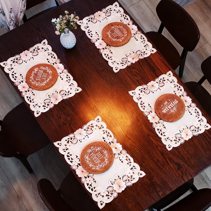 LeLehome Set of 4 Flower Embroidered Placemats, Oblong Beige Rose Lunchmats Place Mats, Home Kitchen Dining Restaurant Party Indoor Decor Rectangular Table Mats, 18 Inch X 12 Inch