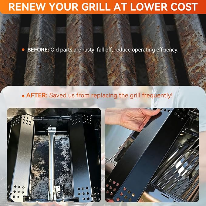 Grill Parts for Home Depot Nexgrill 4 Burner 720-0830H, 5 Burner 720-0888N, 720-0888 Gas Grill Models, Porcelain Steel Heat Plate Flame Tamer + 13 x 17 Cast Iron Grill Grates