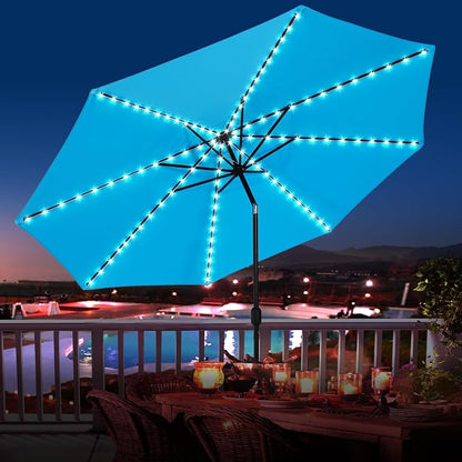 Sundale Outdoor 104 LED 11 FT Solar Patio Umbrella with Base, Blue | Sand Bag Umbrella Base, Tilt, Crank, Solar Lights